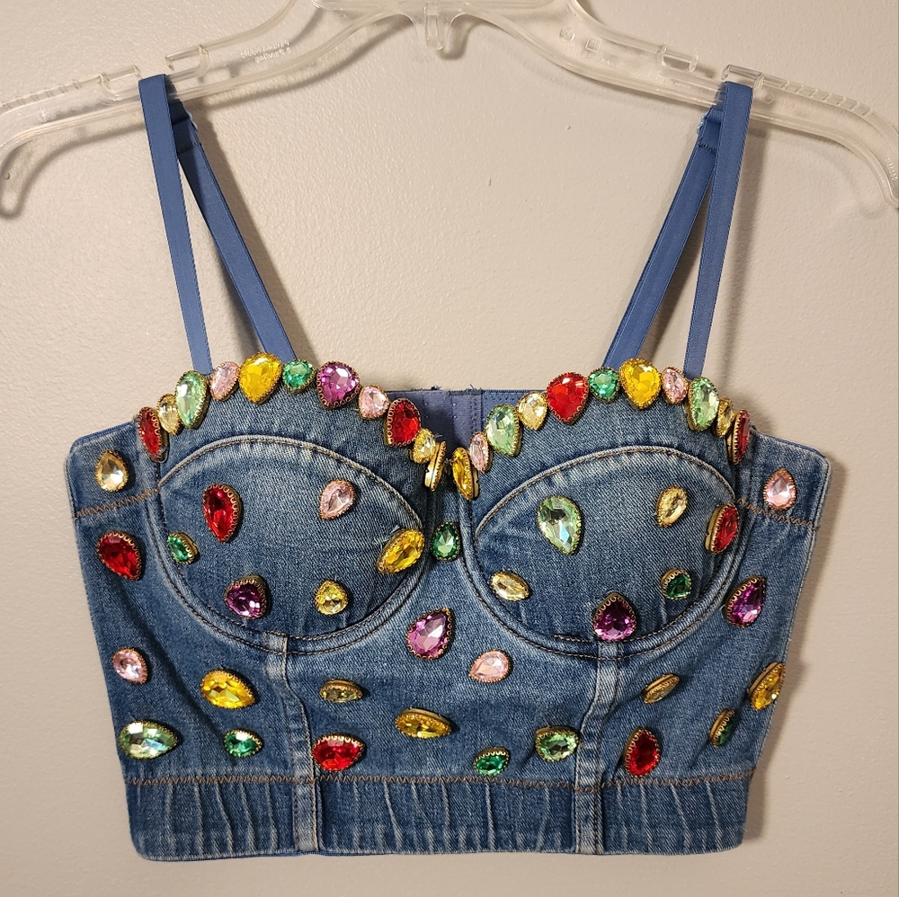 Sang Bejeweled Denim Bustier Corset Crop Top Size Small S